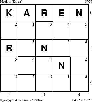 The grouppuzzles.com Medium Karen puzzle for Friday August 21, 2026 with all 5 steps marked