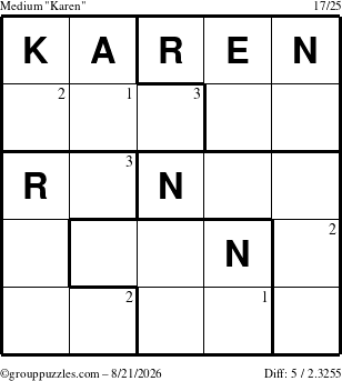 The grouppuzzles.com Medium Karen puzzle for Friday August 21, 2026 with the first 3 steps marked