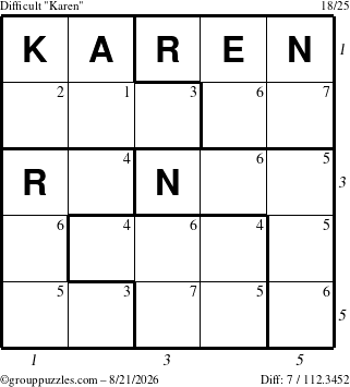 The grouppuzzles.com Difficult Karen puzzle for Friday August 21, 2026 with all 7 steps marked
