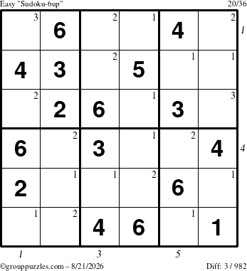 The grouppuzzles.com Easy Sudoku-6up puzzle for Friday August 21, 2026 with all 3 steps marked