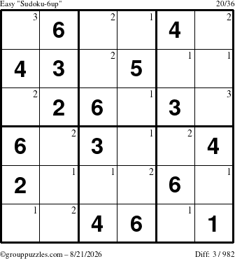 The grouppuzzles.com Easy Sudoku-6up puzzle for Friday August 21, 2026 with the first 3 steps marked