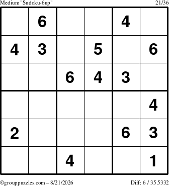 The grouppuzzles.com Medium Sudoku-6up puzzle for Friday August 21, 2026