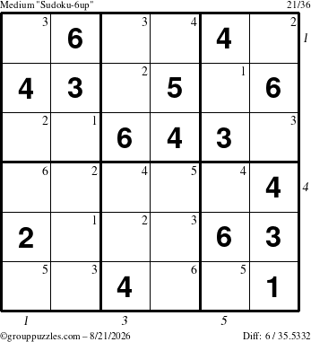 The grouppuzzles.com Medium Sudoku-6up puzzle for Friday August 21, 2026 with all 6 steps marked