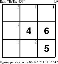 The grouppuzzles.com Easy TicTac-456 puzzle for Friday August 21, 2026 with the first 2 steps marked