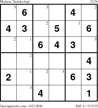 The grouppuzzles.com Medium Sudoku-6up puzzle for Friday August 21, 2026 with the first 3 steps marked