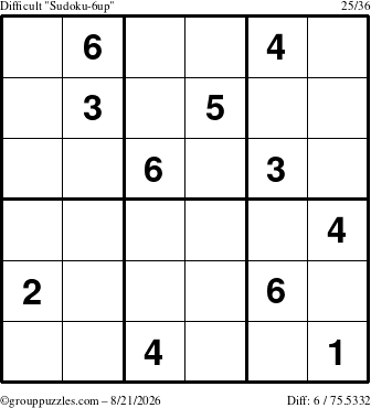 The grouppuzzles.com Difficult Sudoku-6up puzzle for Friday August 21, 2026
