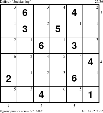 The grouppuzzles.com Difficult Sudoku-6up puzzle for Friday August 21, 2026, suitable for printing, with all 6 steps marked
