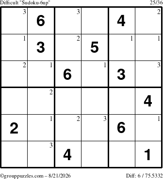 The grouppuzzles.com Difficult Sudoku-6up puzzle for Friday August 21, 2026 with the first 3 steps marked