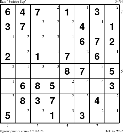 The grouppuzzles.com Easy Sudoku-8up puzzle for Friday August 21, 2026 with all 4 steps marked