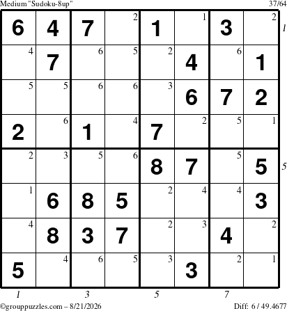 The grouppuzzles.com Medium Sudoku-8up puzzle for Friday August 21, 2026, suitable for printing, with all 6 steps marked