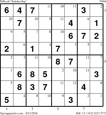 The grouppuzzles.com Difficult Sudoku-8up puzzle for Friday August 21, 2026 with all 12 steps marked