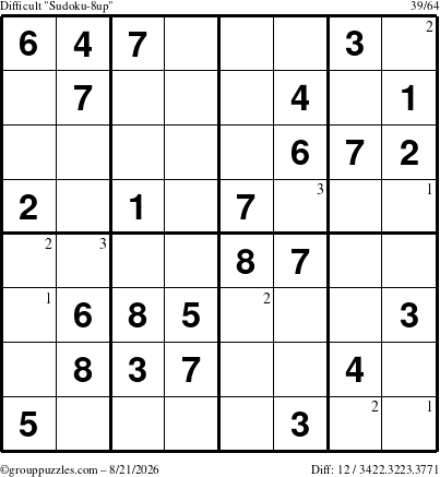 The grouppuzzles.com Difficult Sudoku-8up puzzle for Friday August 21, 2026 with the first 3 steps marked