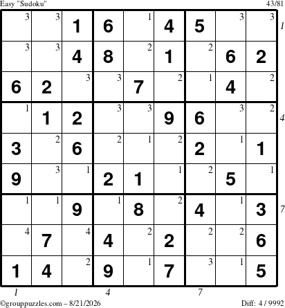 The grouppuzzles.com Easy Sudoku puzzle for Friday August 21, 2026, suitable for printing, with all 4 steps marked