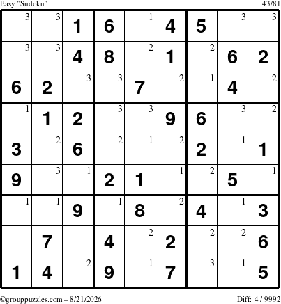 The grouppuzzles.com Easy Sudoku puzzle for Friday August 21, 2026 with the first 3 steps marked