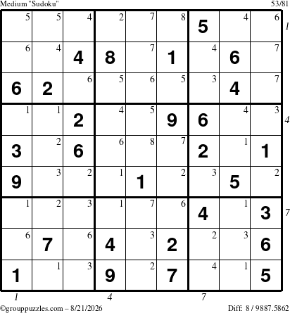 The grouppuzzles.com Medium Sudoku puzzle for Friday August 21, 2026 with all 8 steps marked