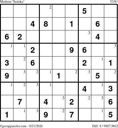 The grouppuzzles.com Medium Sudoku puzzle for Friday August 21, 2026 with the first 3 steps marked