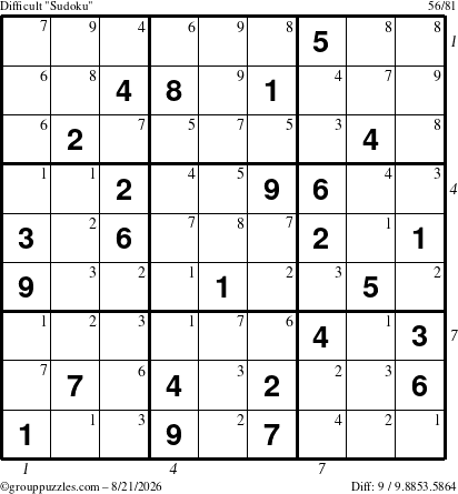 The grouppuzzles.com Difficult Sudoku puzzle for Friday August 21, 2026 with all 9 steps marked