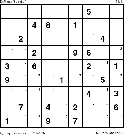 The grouppuzzles.com Difficult Sudoku puzzle for Friday August 21, 2026 with the first 3 steps marked