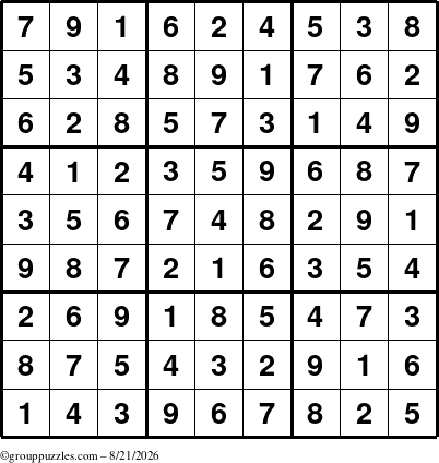 The grouppuzzles.com Answer grid for the Sudoku puzzle for Friday August 21, 2026