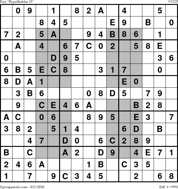 The grouppuzzles.com Easy HyperSudoku-15 puzzle for Friday August 21, 2026