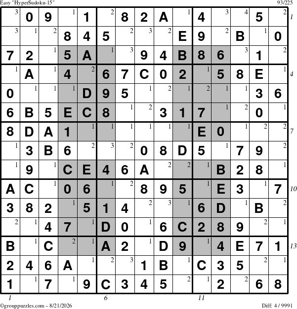 The grouppuzzles.com Easy HyperSudoku-15 puzzle for Friday August 21, 2026 with all 4 steps marked