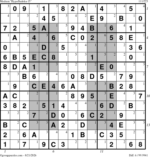 The grouppuzzles.com Medium HyperSudoku-15 puzzle for Friday August 21, 2026, suitable for printing, with all 6 steps marked