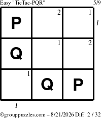 The grouppuzzles.com Easy TicTac-PQR puzzle for Friday August 21, 2026, suitable for printing, with all 2 steps marked