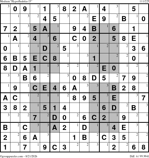 The grouppuzzles.com Medium HyperSudoku-15 puzzle for Friday August 21, 2026 with the first 3 steps marked