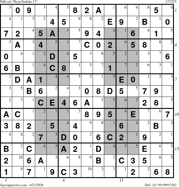 The grouppuzzles.com Difficult HyperSudoku-15 puzzle for Friday August 21, 2026 with all 10 steps marked