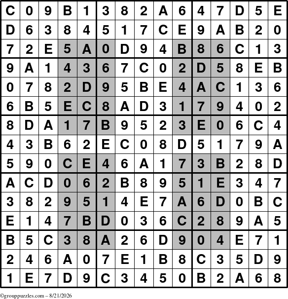 The grouppuzzles.com Answer grid for the HyperSudoku-15 puzzle for Friday August 21, 2026