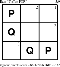 The grouppuzzles.com Easy TicTac-PQR puzzle for Friday August 21, 2026 with the first 2 steps marked