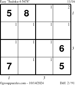 The grouppuzzles.com Easy Sudoku-4-5678 puzzle for Monday October 14, 2024 with all 2 steps marked