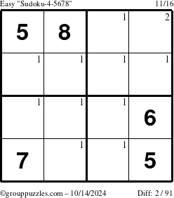 The grouppuzzles.com Easy Sudoku-4-5678 puzzle for Monday October 14, 2024 with the first 2 steps marked