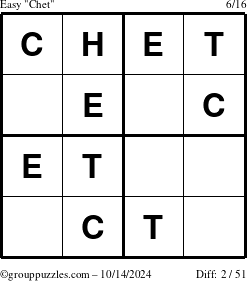 The grouppuzzles.com Easy Chet puzzle for Monday October 14, 2024