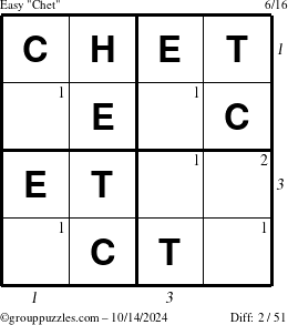 The grouppuzzles.com Easy Chet puzzle for Monday October 14, 2024 with all 2 steps marked