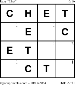 The grouppuzzles.com Easy Chet puzzle for Monday October 14, 2024 with the first 2 steps marked