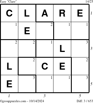 The grouppuzzles.com Easy Clare puzzle for Monday October 14, 2024 with all 3 steps marked