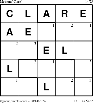 The grouppuzzles.com Medium Clare puzzle for Monday October 14, 2024 with the first 3 steps marked