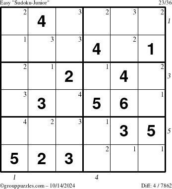 The grouppuzzles.com Easy Sudoku-Junior puzzle for Monday October 14, 2024 with all 4 steps marked