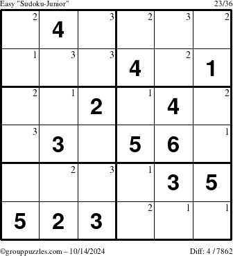 The grouppuzzles.com Easy Sudoku-Junior puzzle for Monday October 14, 2024 with the first 3 steps marked