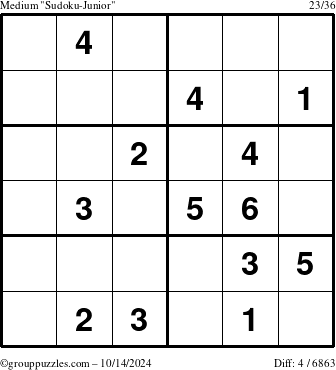 The grouppuzzles.com Medium Sudoku-Junior puzzle for Monday October 14, 2024