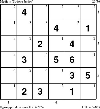 The grouppuzzles.com Medium Sudoku-Junior puzzle for Monday October 14, 2024 with all 4 steps marked