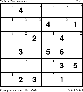 The grouppuzzles.com Medium Sudoku-Junior puzzle for Monday October 14, 2024 with the first 3 steps marked