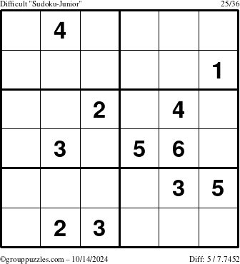 The grouppuzzles.com Difficult Sudoku-Junior puzzle for Monday October 14, 2024