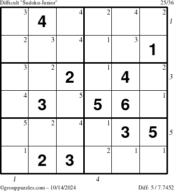 The grouppuzzles.com Difficult Sudoku-Junior puzzle for Monday October 14, 2024 with all 5 steps marked