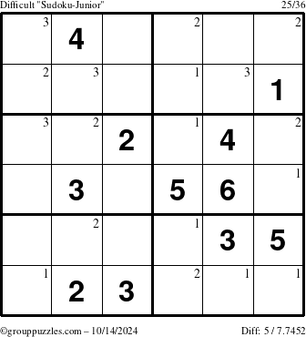 The grouppuzzles.com Difficult Sudoku-Junior puzzle for Monday October 14, 2024 with the first 3 steps marked