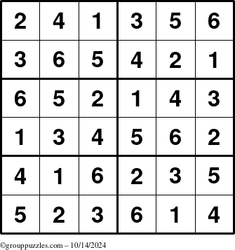 The grouppuzzles.com Answer grid for the Sudoku-Junior puzzle for Monday October 14, 2024