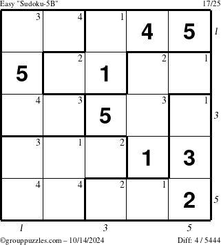 The grouppuzzles.com Easy Sudoku-5B puzzle for Monday October 14, 2024 with all 4 steps marked