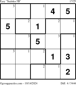 The grouppuzzles.com Easy Sudoku-5B puzzle for Monday October 14, 2024 with the first 3 steps marked