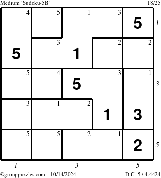 The grouppuzzles.com Medium Sudoku-5B puzzle for Monday October 14, 2024, suitable for printing, with all 5 steps marked